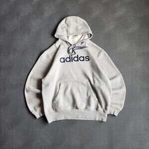 Vintage Y2K Adidas Center Spellout Logo Grey Pullover Hoodie Large